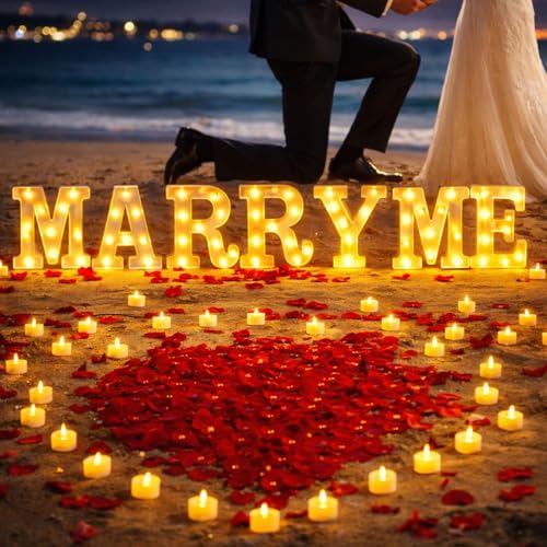 MeYuxg 2031 Stück MARRY ME Leuchtbuchstaben LED-Schild MARRY ME-Schild mit 24 flammenlosen Herzkerzen 2000 Rosenblättern für Heiratsantrag Valentinstag Verlobung Hochzeit