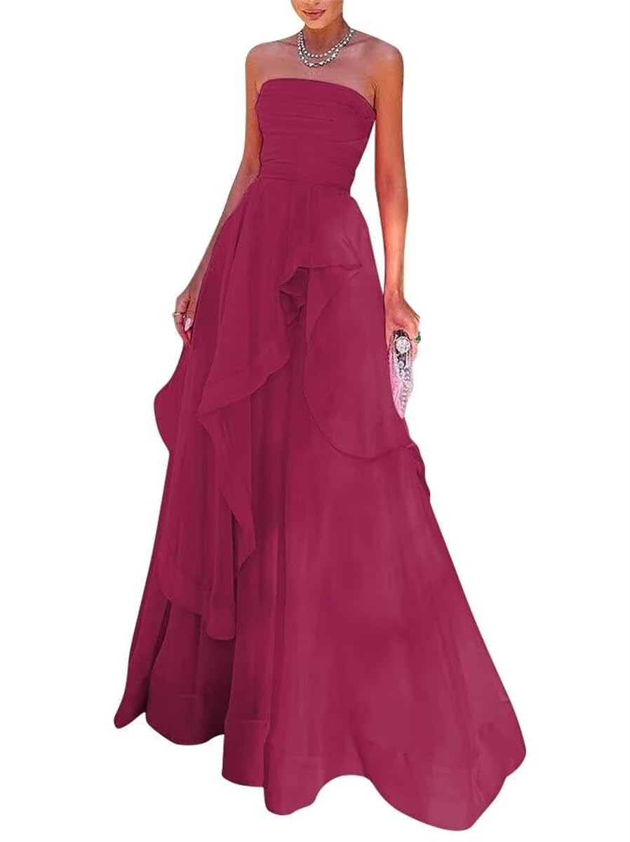 WSEYU Women's Strapless Chiffon Prom Dress Long Sleeveless A line Bridesmaid Dresses Formal Evening Gown Wedding Dresses Fuchsia UK8