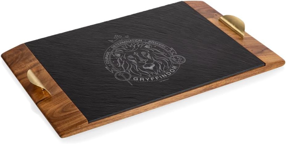 Picnic TIME Harry Potter Gryffindor Covina Acacia and Slate Serving Tray, Charcuterie Board Set with Gold Handles, Removable Slate Surface, (Acacia Wood & Slate Black with Gold Accents)