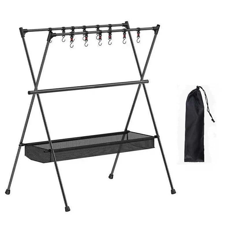 TAPIT Ultralight Camping Hanging Rack 2-Layer Aluminum Portable Tripod Folding Shelf Multifunction Outdoor Triangle Rack Cookware Hanging Rack Collapsible Picnic Stand with Hooks (Black 2-Layer)