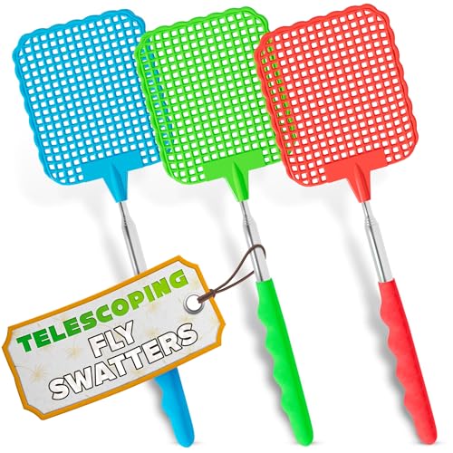 3-Pack Telescopic Fly Swatter Set – Durable and Lightweight Extendable Fly Swatter for Indoors and Outdoors, 3.1 x 3.9 Flexible Head, Non-Slip Ergonomic Rubber Handle, Compact Design for Easy Storage