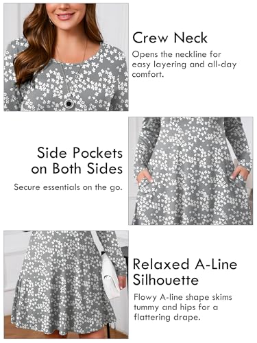 Image of AusLook Women's Plus Midi Dress Long Sleeve Crew Neck A-Line Swing Flowy Vacation Fall Wedding Guest Dresses with Pocket 1-5X