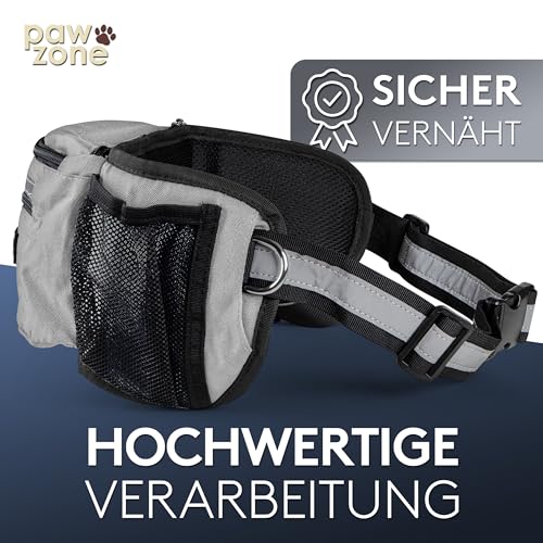 PAWZONE Futterbeutel Hunde - Leckerlibeutel für Hunde - Bauchtasche für Hunde Zubehör - Leckerlitasche für Hunde - Inkl. Reflektorband & Zusatzgurt für Flexileine (Silbergrau)