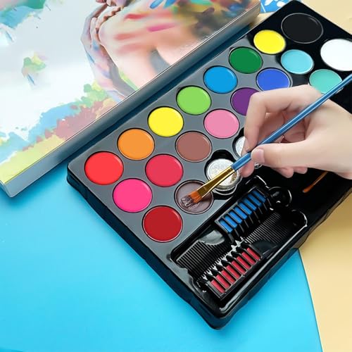 Image of Store2508 Face Body Paint Kit for Kids - 20 Colours Non-Toxic Water Based Face Painting Set with Glitter Hair Chalk Brushes Sponges Stencils and Tattoos - Safe Skin Friendly Washable Paints for Parties Festivals Halloween