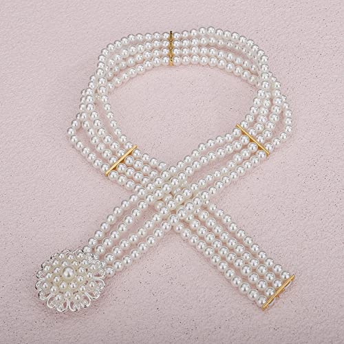 Jumwrit Elastic Pearl Belt for Women Rhinestone Big Pearl Flower Waist Chain Layered Pearl Wedding Dress Belt Sash Off White Round Pearl Bridal Belt（Style 5）4