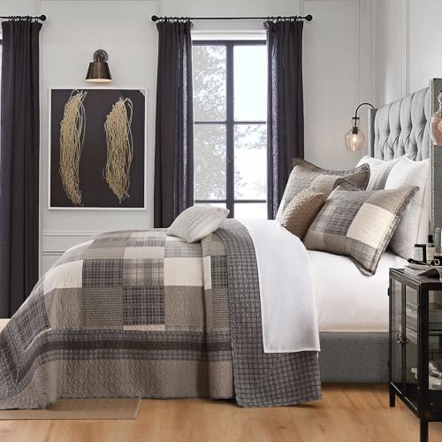 Image of EWlinens 120 inchx120 inch Oversized King Bedspread - 100% Cotton Lightweight California King Bedspreads Coverlet Set, Farmhouse Patchwork Plaid Reversible Quilts Bedding Set, 3pcs, Brown /Beige /Khaki