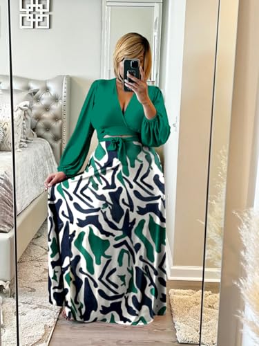 Image of Plus Size Women's 2 Piece Outfits Casual Long Sleeve Wrap Crop Top Maxi Long Dress Flowy Matching Sets