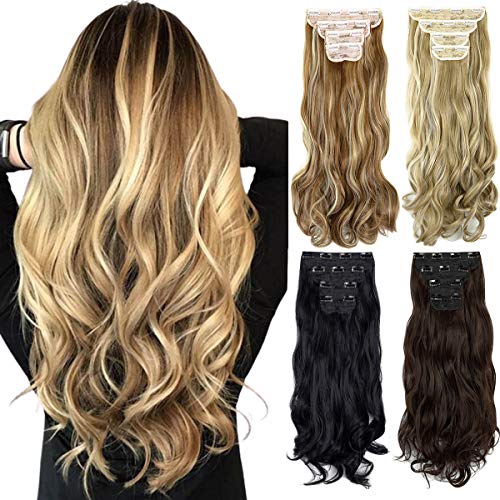 18"-24" Clip in Hair Extensions 4Pcs 11Clips Curly Wavy Thick Full Head Double Weft Clip on Synthetic Hair Extension Wavy Hairpieces for Women Dark Brown