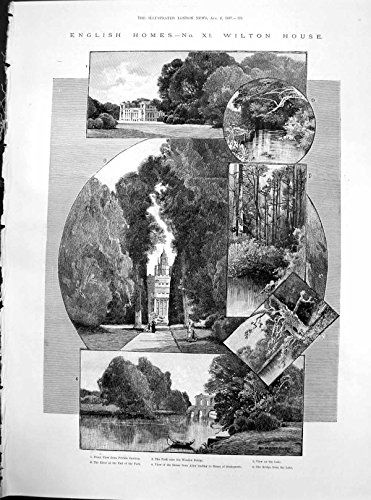 Old-print Copie Antique des Jardins 1887 de Shakespeare de Chambre d'Allée de Lac Bridge de Chambre de Wilton Old-print Copie Antique des Jardins 1887 de Shakespeare de Chambre d'Allée de Lac Bridge de Chambre de Wilton