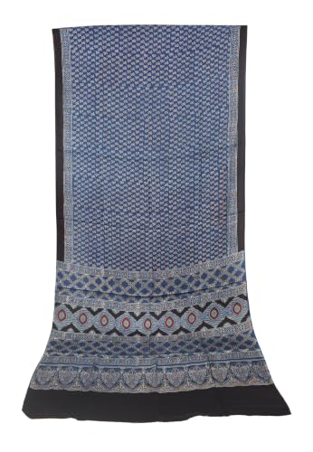 Image of Ethnics of Kutch Womenss Ajrakh Modal Silk Natural Dye Hand Block Print Saree with Blouse Piece - 5.5 Mtr Length