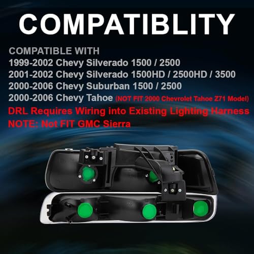 Image of GRAND ORANGE LED Headlight Assembly Compatible with Chevy Silverado 1500 2500 1999-2002, Fit Suburban 1500 2500 Tahoe 2000-2006 GM2502187, GM2503187, 16526134 Clear lens Black Housing Amber Reflector
