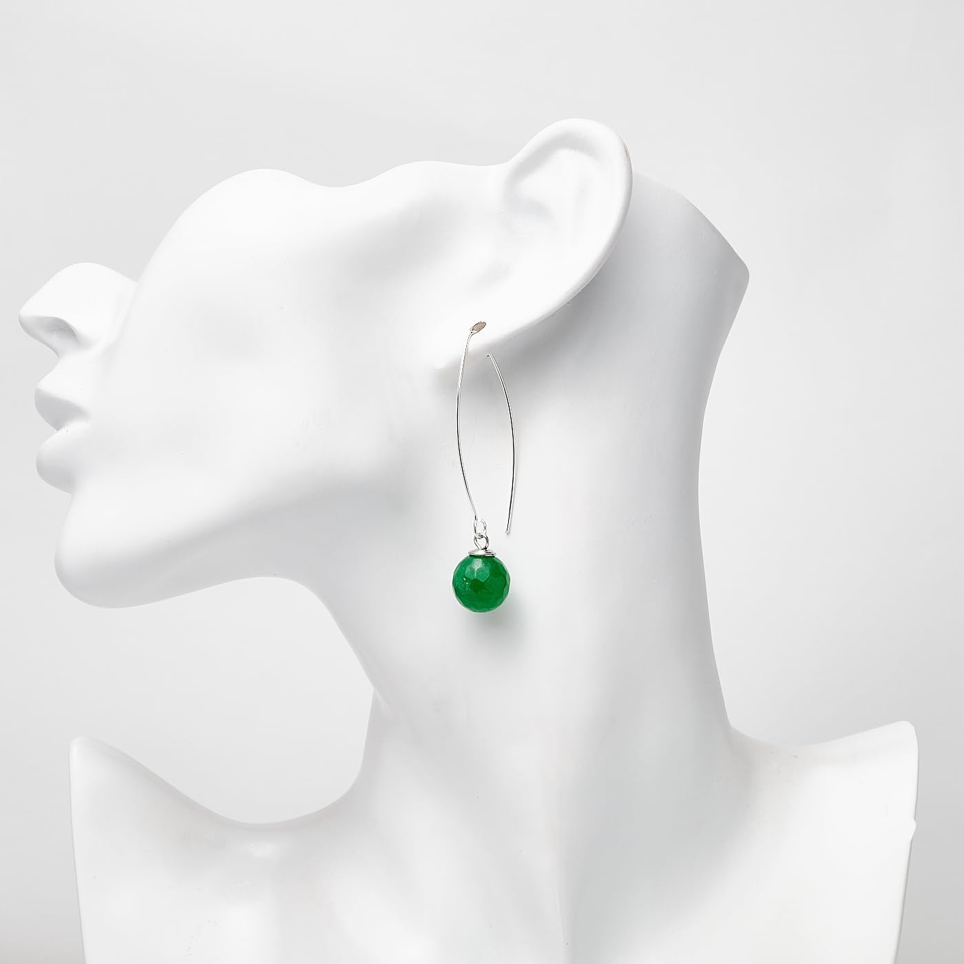 Handmade Women's Natural Gemstone Sterling Silver Dangle Drop Earrings 12mm Ball Beaded Earrings for Girls (Green Agate) - Image 3