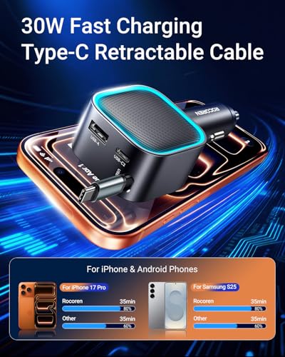 Image of Retractable Car Charger USB-C,Rocoren 57W Type C Fast Car Charging [Ultra-Compact Mini] with Cord Cigarette Lighter Adapter Car Accessories for iPhone 17 16 15 Samsung S25 Ultra Pixel Android