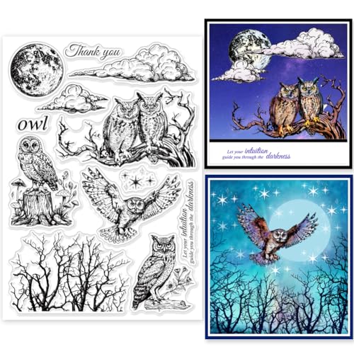 GLOBLELAND Klare Stempel Mit Eulen Und Mondmotiv Klare Stempel Mit Verwelktem Baum Mond Und Wolken Silikonstempel Für DIY Scrapbooking Fotoalben Dekorative Karten Heimdekoration 5.83x8.27 inch