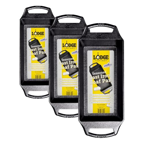 Image of Lodge Seasoned Cast Iron Loaf Pan 8.5 Inches - Pre-Seasoned Rectangular Cast Iron Bakeware- Even Browning Bread Pan with Easy-Release Finish - PFAS-Free Non-Toxic Cookware (Pack of 3)