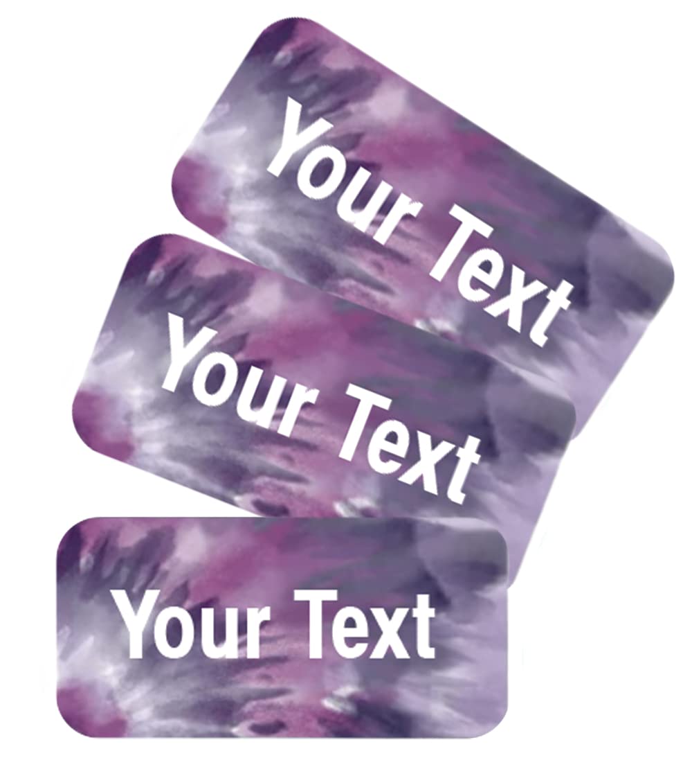 Custom Personalized Clothing Name Labels Press and Stick-On Waterproof Name Labels for Nursing Homes, Camp, College, Day Care and Uniforms with Stunning Background (Purple tie dye)