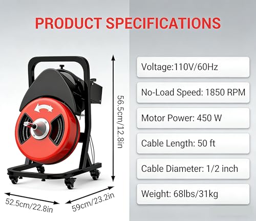 Image of Garvee 50FTx1 /2 Inch Drain Cleaner Machine with Wheels, Sewer Snake Electric Drain for 2 inch to 4 inch Pipes, Plumbing Snake Auger Cleaner with 6 Cutter & Foot Switch for Sewer, Sink, Toilet, Bathroom