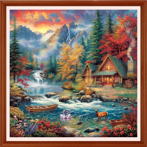 Image of Hopeart Stamped Cross Stitch Kits for Beginner Embroidery Kits for Beginners Adults DIY 11CT Cross Stitch Patterns Needlepoint Kits Crossstitching Kits- Beautiful Scenery of Late Autumn 18x18 inchs