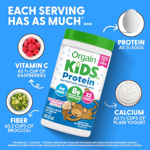 Image of Orgain Kids 8g Grass-Fed Dairy Protein Powder, Vanilla Bean Ice Cream, 1lb | Powder shake mix, 4g fiber, 22 vitamins & minerals, gluten free, no soy, adds nutritents to snacks, for shakes & smoothies