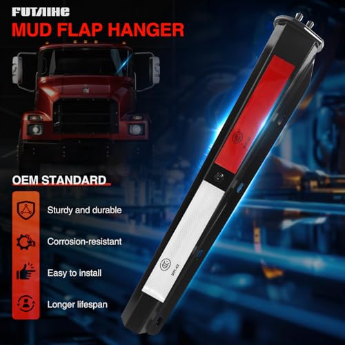Image of Black Straight Spring Loaded Mud Flap Hanger with Reflective Strip Sticker Bracket Heavy Duty Mudflap Holder Set for Semi Trucks 1-1 /8 inch Bolt Spacing 29.5 inch Length 2pcs