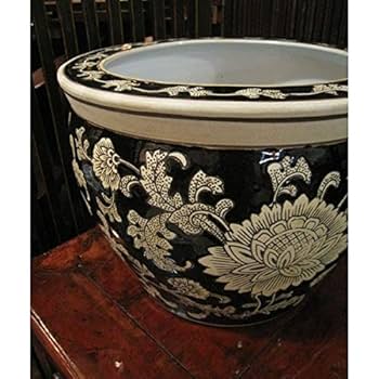 Amazon.co.jp: ウッドギャラリー樹 青花丸大魚洋蓮鉢 黒 中 水鉢