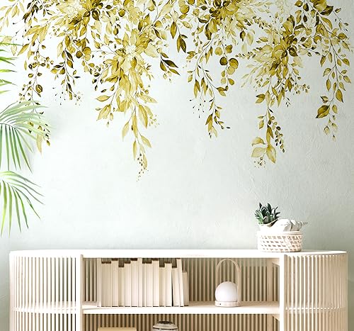 VePret Yellow Plants Leaves Wall Decals Peel and Stick, Large Floral Flowers Vinyl Wall Stickers, Removable Vine Home Decor Art for Bedroom Living Room Classroom Office