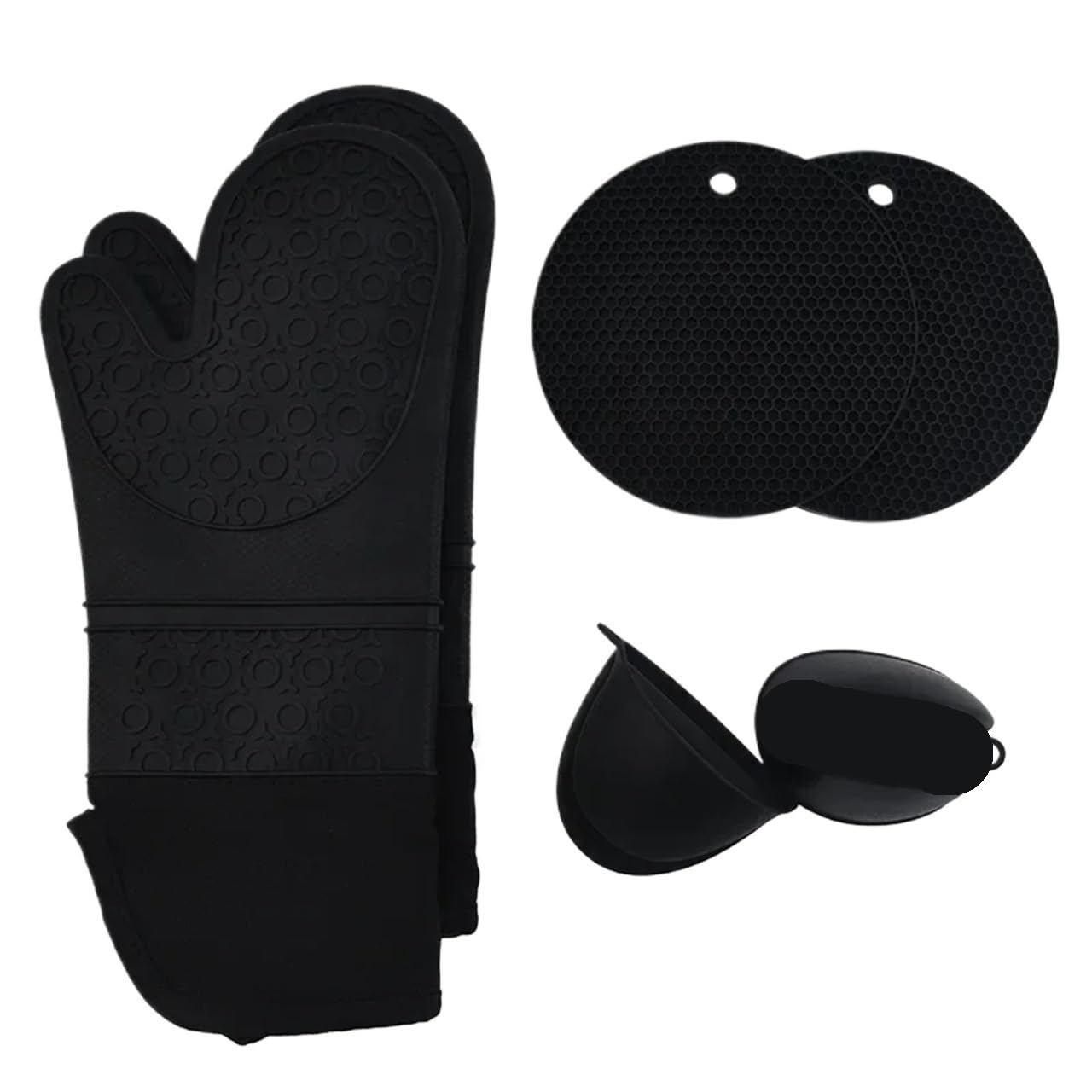 Juego de 6 uds Manoplas Horno Calientes, Guantes anticalientes for Hornear, Almohadilla Aislante Resistente, Alfombrilla Silicona for y microondas, Herramientas Cocina(Black)