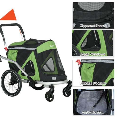 PawHut 2-in-1 Fahrradanhänger für Hunde Hundeanhänger Hundebuggy & Jogger mit Sicherheitsleine, Hundewagen mit Reflektoren Stoßdämpfer für Mittelgroße Hunde bis 20 kg, Oxford-Gewebe, Grün