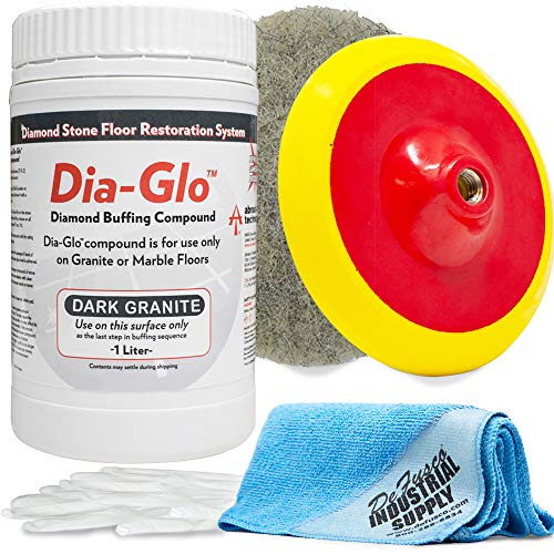 Dia-Glo (Diaglo) Dark Granite 1QT, Stone Granite Floor Polishing Compound - 7 Inch Backer Pad - Norton White Gloss Pad - 16x16 Microfiber Cloth - Gloves - Bundle - 5 Items