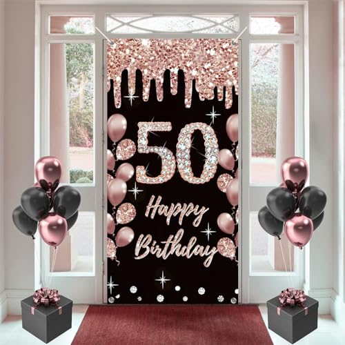 Decorazioni per il 50° compleanno per donne, Happy 50 Years Old, cartello in tessuto, sfondo oro rosa, striscione per porta, 50° compleanno, sfondo fotografico, cartello di benvenuto, 180 cm x 90 cm