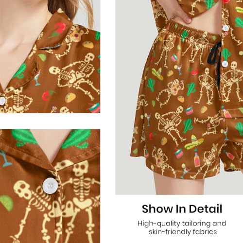 Image of Funny Pajamas for Women Set Print Satin Loungewear Pjs Short Sleeve Button Down Top and Shorts Sets Sleepwear XS-3XL