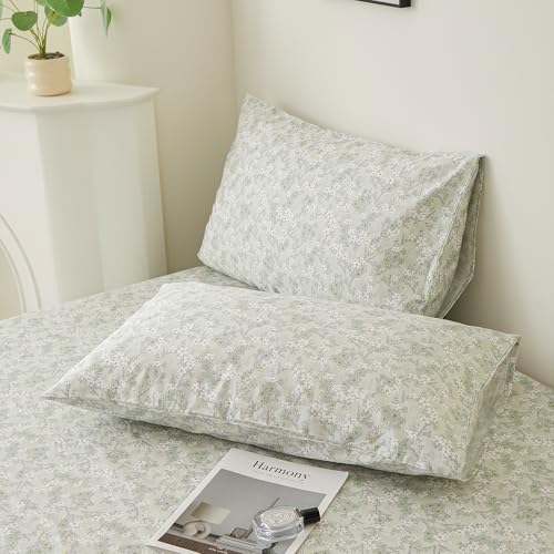 Image of VM VOUGEMARKET Vintage Green Flower Duvet Cover Set Queen Fresh Botanical Bedding Set 100% Cotton Reversible Vintage Comforter Cover with Zipper&Ties
