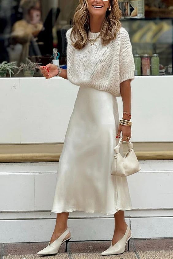 HOTOUCH Womens Midi Skirt High Waisted Solid Satin Dress Zipper Elegant Work Skirts - Image 3