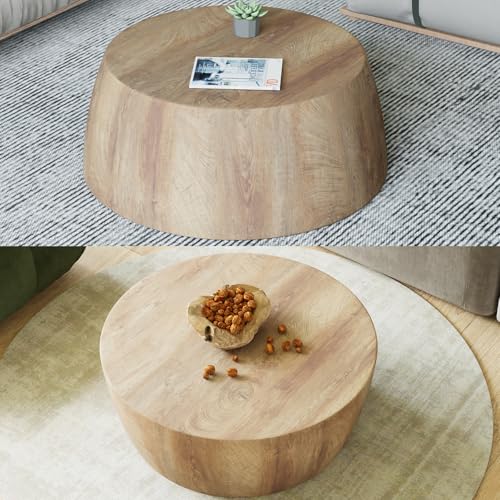 KUVADAZ 29.53' W x 11.81' H Drum Coffee Table, Modern Industrial Wooden Round Coffee Table, Natural Wood Circle Center Table Cocktail Tea Accent Table for Living Room Apartment No Assemble