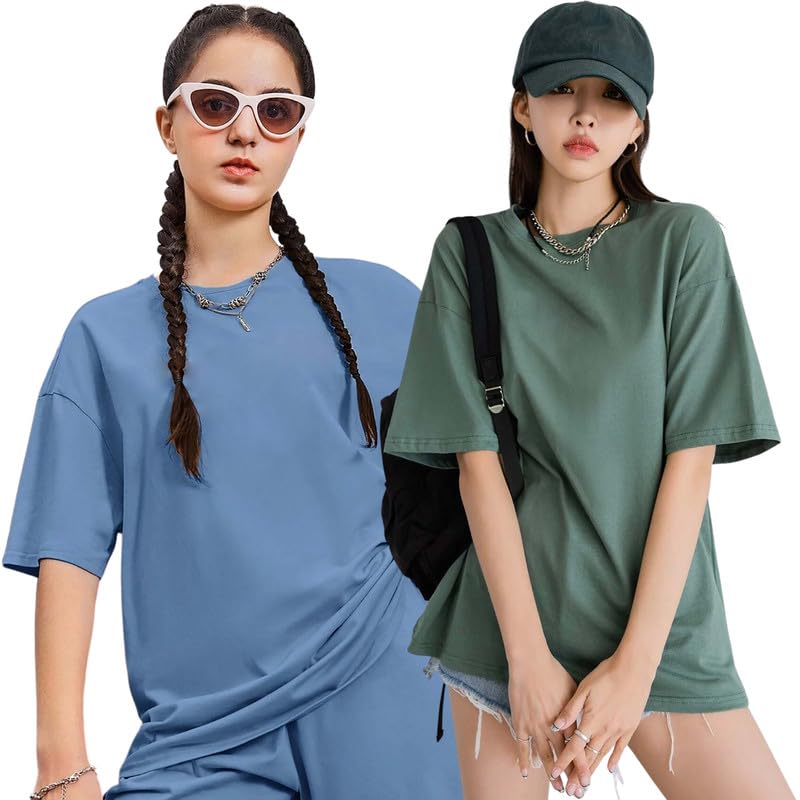 London Hills Women's Cotton Loose Casual Round Neck Solid, Drop Shoulder T-Shirt Pack of 2