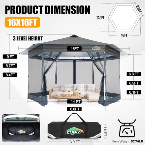 Image of COBIZI 14x14 Pop Up Gazebo Tent with Mosquito Netting, Gazebos on Clearance, Hexagonal Outdoor Canopy Shelter, Patented Center Lock 6-Sided Portable Gazebos, Pop Up Canopy Tent for Backyard, Gray