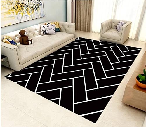 Alfombra Bohemia Resumen 3D Líneas a Cuadros Geométricas en Blanco Negro Patrón Sofá Rug Habitación Infantil Alfombra Antideslizante Entrada Felpudo Niño Niña Dormitorio Carpet Cover