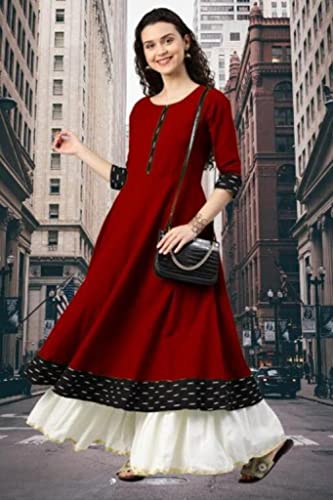 Image of Women's Printed Cotton Slub Anarkali Kurti Maroon