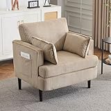 Karl home Modern Accent Chair, Corduroy Upholstered Armchair with 2 Pillow & Side Pocket, Sofa Barrel Chair with Solid Legs, Comfy Reading Chair for Living Room, Bedroom, Office, (Khaki)