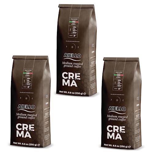 ✓ Qualità 100% italiana CAFFE\' AIELLO CREMA - 3X250 Gr Soft Pack - Tostatura Media 70% ARABICA – Macinato - In Atmosfera Protettiva - Intensità 8/10