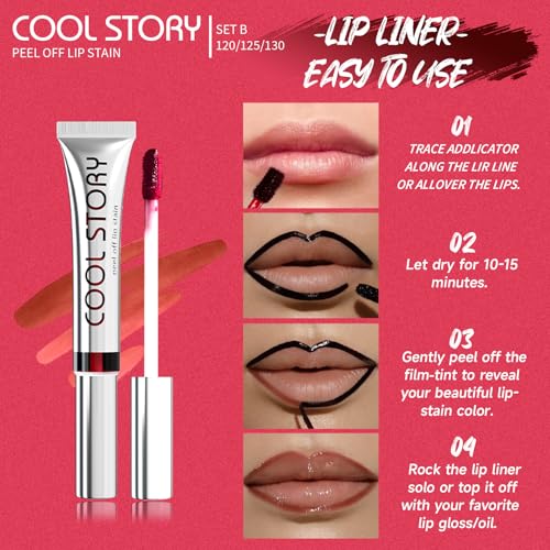 3PCS Peel Off Lip Stain Lip Tint Set, Matte Lipstick & Lip Liner, Waterproof Long Lasting Peel Off Lip Gloss, Lip Liner Lip Makeup Kit (Color, Set B)