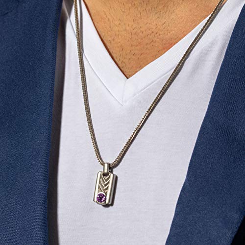 PEORA Amethyst Chevron Pendant Necklace for Men in Sterling Silver, Round Shape, Brushed Finished, with 22-Inch Italian Chain, Men's Amethyst Necklace, February Birthstone Necklace w/Jewelry Box3