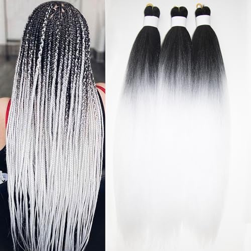 Ombre White Braiding Hair Pre Strecthed 24inch Black to White Ombre Braiding Hair Prestretched Colored Hot Water Setting Hair Extensisons for Braids