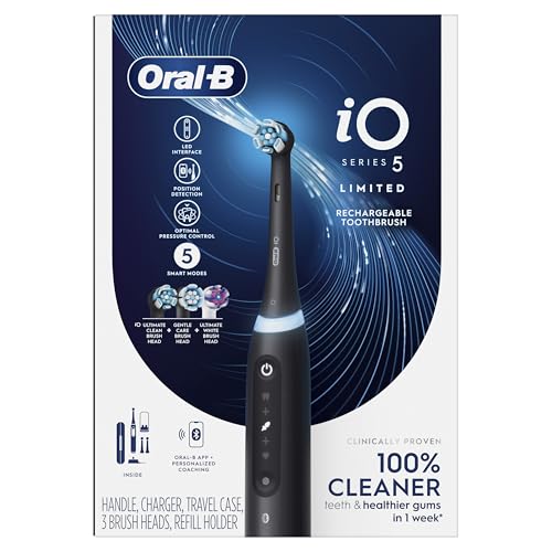 Image of Oral-B Rechargeable Electric Toothbrush, iO5 Limited Deep Clean & Whiten, 5 Cleaning Modes, Visual Pressure Sensor to Protect Gums, Travel Case, 3 Brush Heads, Black (Pack of 3)