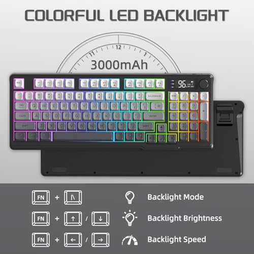 Image of FREEWOLF M96 Wireless Gaming Keyboard Creamy Membrane with Rainbow Backlight,Media Knob,LCD Screen,Dual Mode-Bluetooth /2.4Ghz,Ball Shape PBT Keycap 94 Key ANSI Layout for Win Mac PC Gamer(Moonlight)