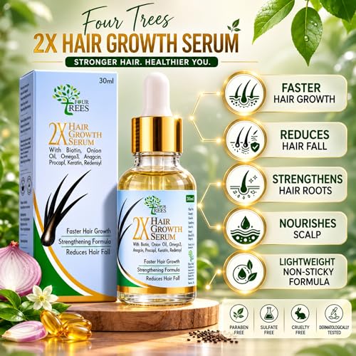 Image of Four Trees 2X Hair Growth Serum | Faster Hair Growth & Reduces Hair Fall | With Biotin, Redensyl, Onion Oil | For Men & Women | 30 ml
