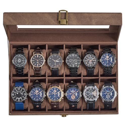 SONGMICS Watch Box, 12-Slot Watch Case Organizer with Large Glass Lid, Removable Pillows, Christmas Gift, Coffee Brown Synthetic Leather, Coffee Brown Lining UJWB120KQ01S
