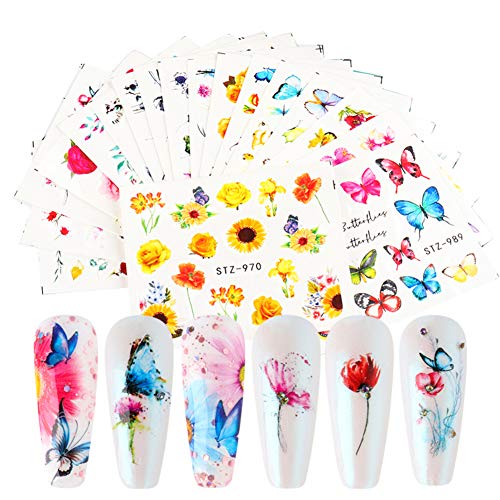 Butterfly Nail Art Stickers Decals Nail Butterfly Flower Water Transfer Stickers Design Nail Supplies Colorful Butterflies Nail Decals for Women Manicure Fingernails Nail Art Accessories (18 Pcs)