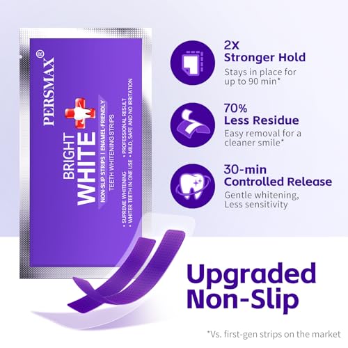 Image of PERSMAX Purple Teeth Whitening Strips, 14 Treatment, 28 Non-Slip Strips Kit | Professional Gum-Safe Formula, Pain-Free Express White in 30 Min for Sensitive Teeth, Easy to Use for Bright White Smile