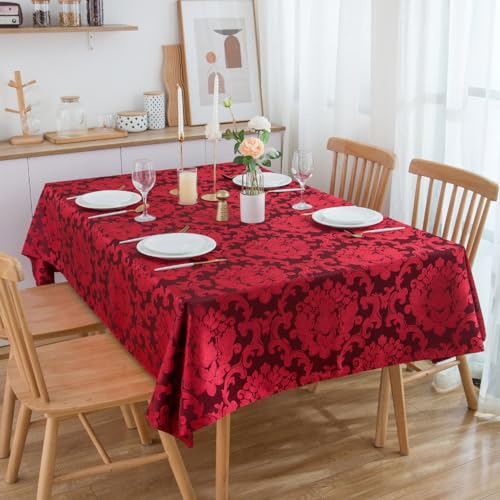 SPRICA Jacquard Tablecloth Rectangle 178x132cm Classic Flower Pattern Thick Heavy Weight Soft Table Cover, Machine Washable, Burgundy - Image 3